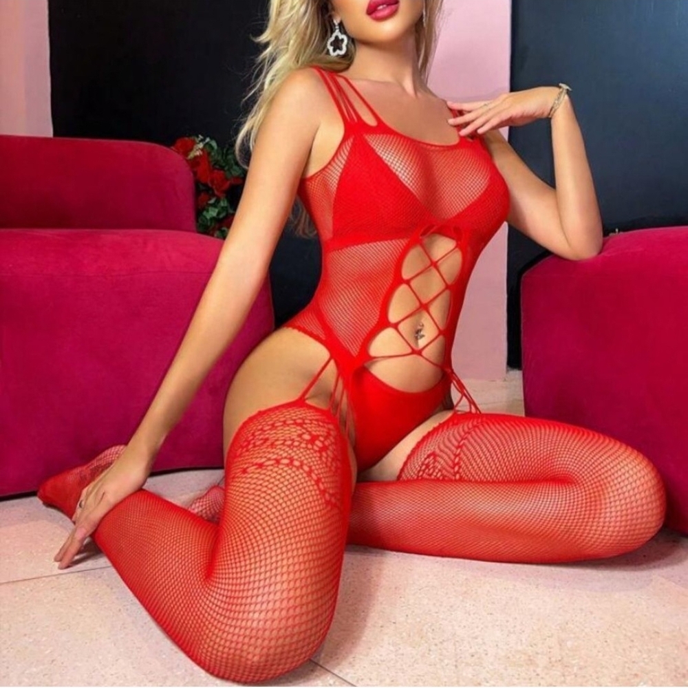 Red Fishnet Bodysuit and Stockings